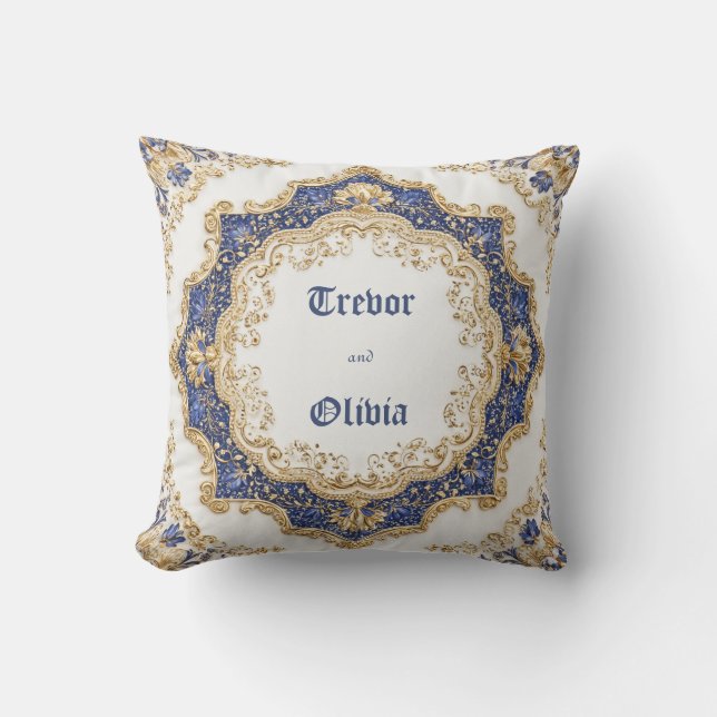 Almofada Dourado Opulento Estrela Azul Real Geométrico Barr (Frente)