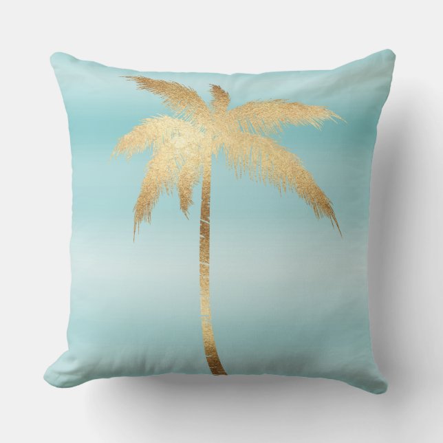 Almofada Dourado Palm Tree Aqua Ombre   (Frente)