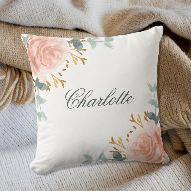 Almofada Dourado rosa flores verdejantes nome script (Criador carregado)