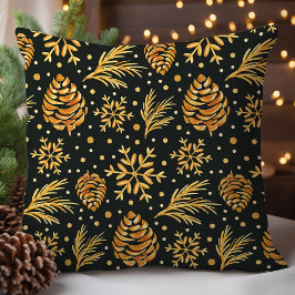 Almofada Dourado Rústico com Pinhas e Flocos de Neve