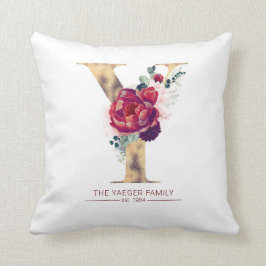 Almofada Dourado Y Monograma Vermelho Borgonha Floral