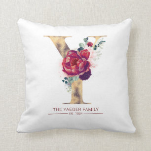 Almofada Dourado Y Monograma Vermelho Borgonha Floral
