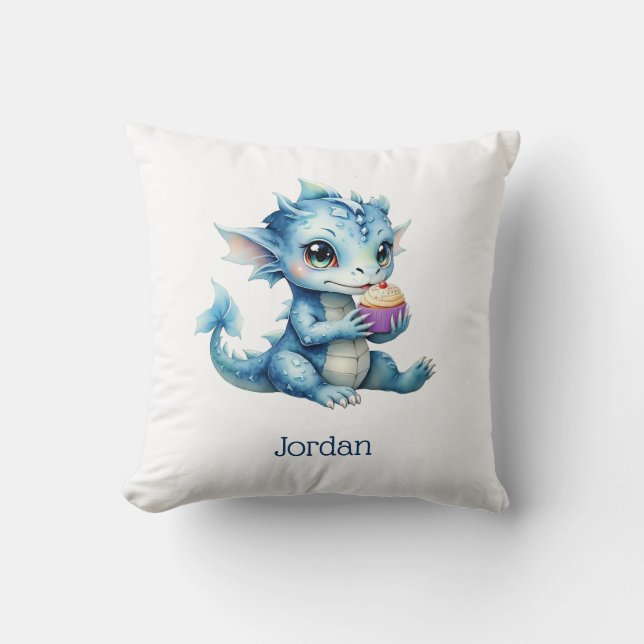 Almofada Dragão-bebê azul-bonito comendo um Cupcake (Frente)