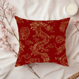 Almofada Dragão Chinês Dourado e Vermelho Escuro