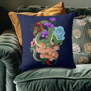 Almofada Dragão Chinês Verde Místico Floral Azul Marinho