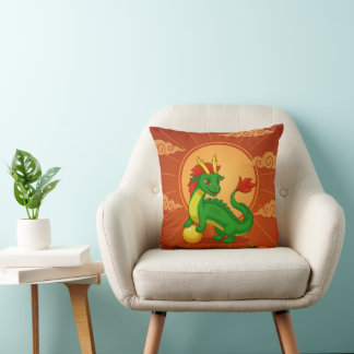 Almofada Dragão Chinês Verde sobre Vermelho
