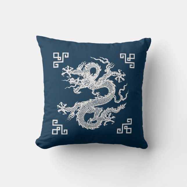 Almofada Dragão Chinês Vintage em Branco (Frente)