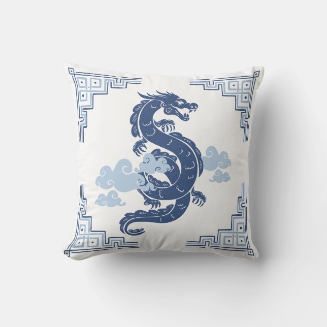 Almofada Dragão de Chinoiserie Azul e Nuvens (Frente)
