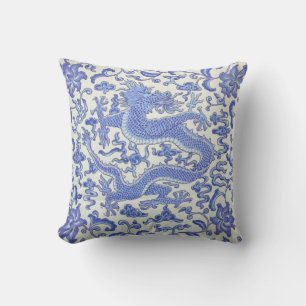Almofada Dragão oriental chinês azul e branco
