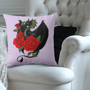 Almofada Dragão Preto Rosas Vermelhas Lavanda