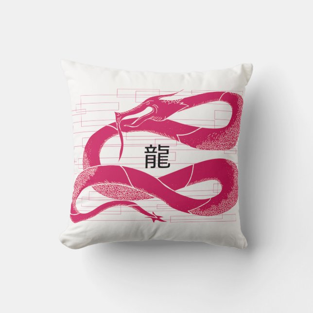 Almofada Dragão-Rosa-Rosa Japonês Dragão - Fundo Branco (Frente)