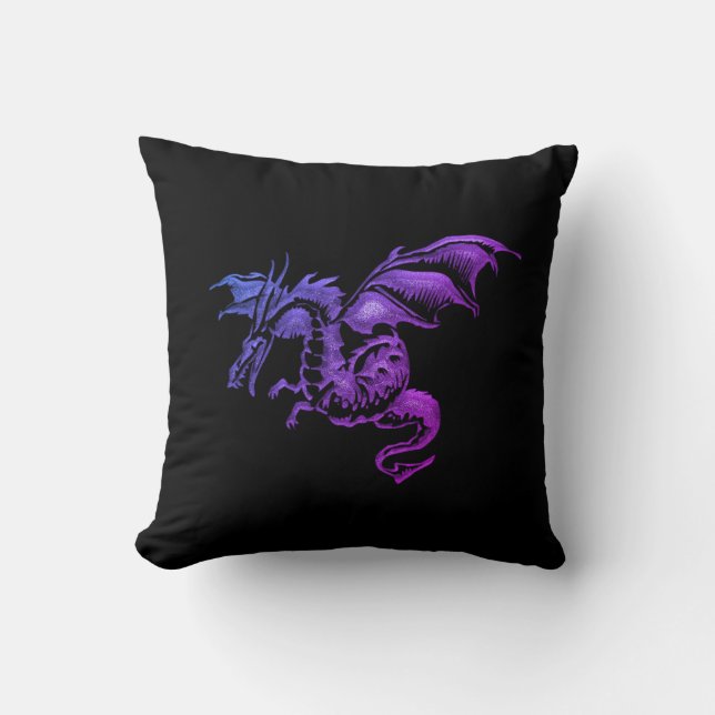 Almofada Dragão Roxo Voador Contra Preto (Frente)