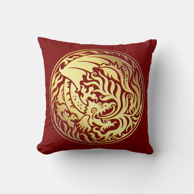 Almofada Dragoncírculo - Dourado no Vermelho (Frente)