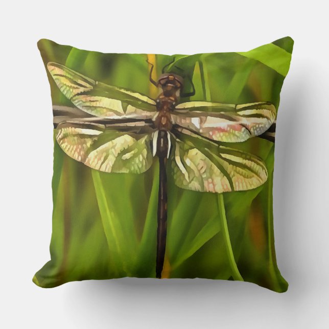 Almofada Dragonfly Artística Em Castanho E Amarelo Em Verde (Frente)