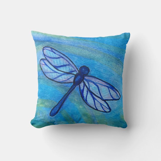 Almofada Dragonfly Azul com Aquarela Pacífica Esperançosa (Frente)