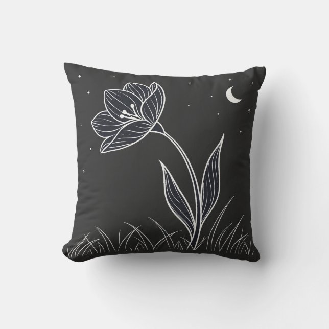 Almofada Dreamy Moonlit Flower Line Art com estrelas (Frente)