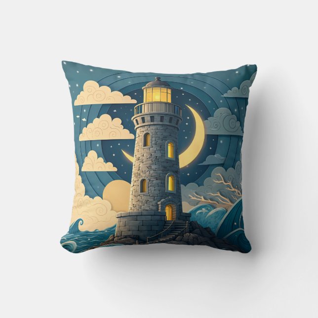 Almofada Dreamy Night Lighthouse Ocean Throw Pillow (Frente)