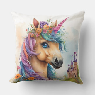 Almofada Dreamy Unicorn Watercolor com Castelo e Flores