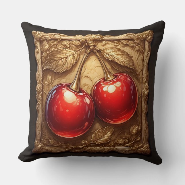 Almofada Duas Cerejas Vermelhas Brilhantes com Folhas Doura (Frente)
