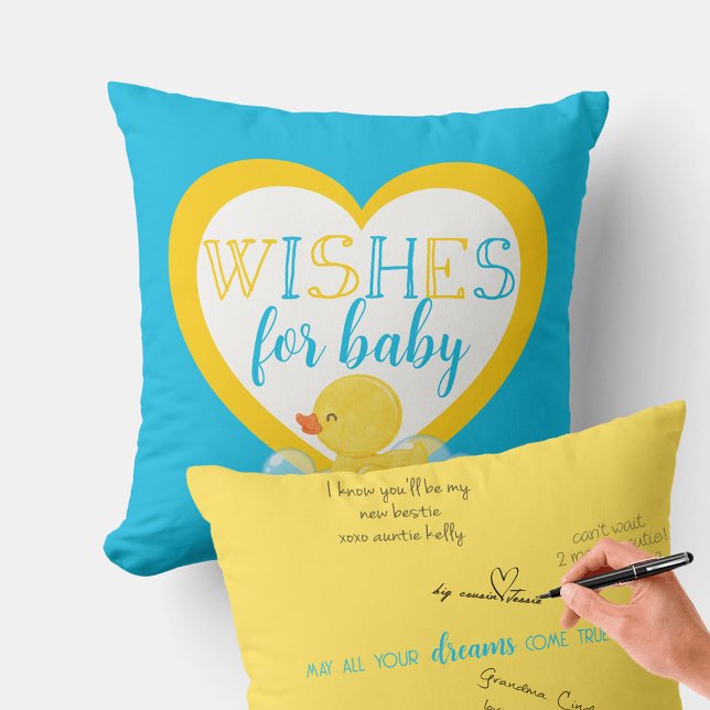 Almofada Duck Deseja Travesseiro de Autografo para Bebê par (Wishes for Baby Guestbook Signature Pillow for Watercolor Rubber Duck Baby Shower)