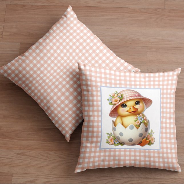 Almofada Duckling Chick in Easter Egg on Pink Gingham Plaid (Criador carregado)