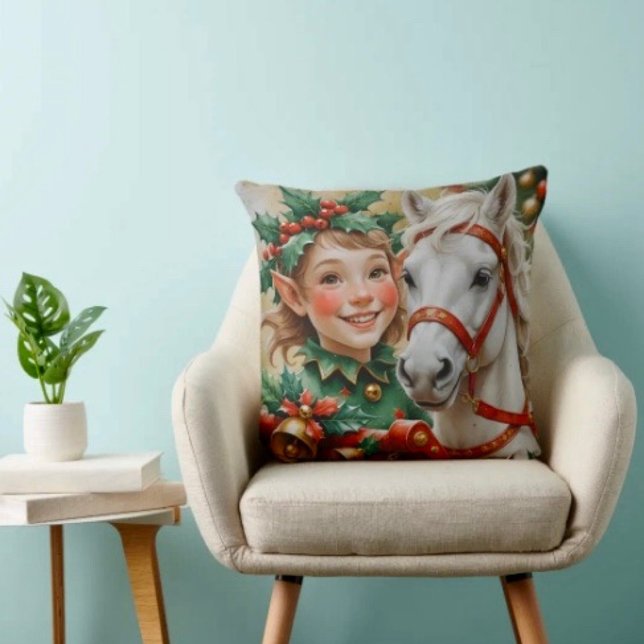 Almofada Duende de Natal Bells Holly e Horse (Throw Pillow 100% polyester heavyweight stretch material. Hidden zipper Made in the USA.
)
