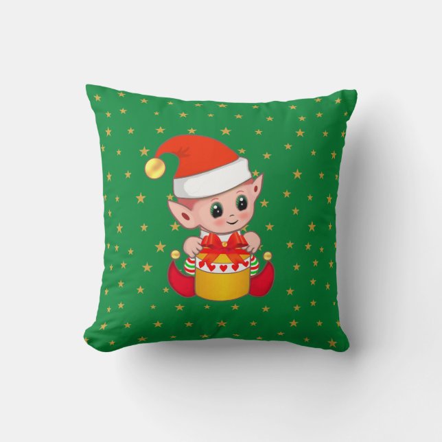 Almofada duende de Natal & estrelas em verde (Frente)