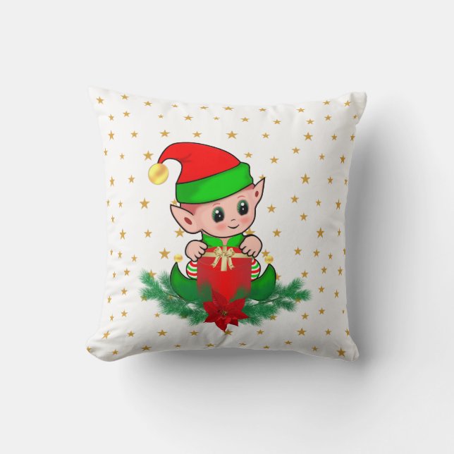 Almofada Duende de Natal, pinheiro, poinsétia & estrelas (Frente)