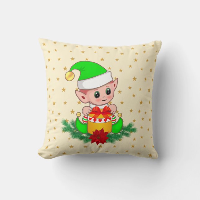 Almofada Duende de Natal verde, pinheiro e estrelas em marf (Frente)