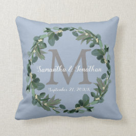 Almofada Dusty Blue Eucalyptus Monograma Casamento Keepsael