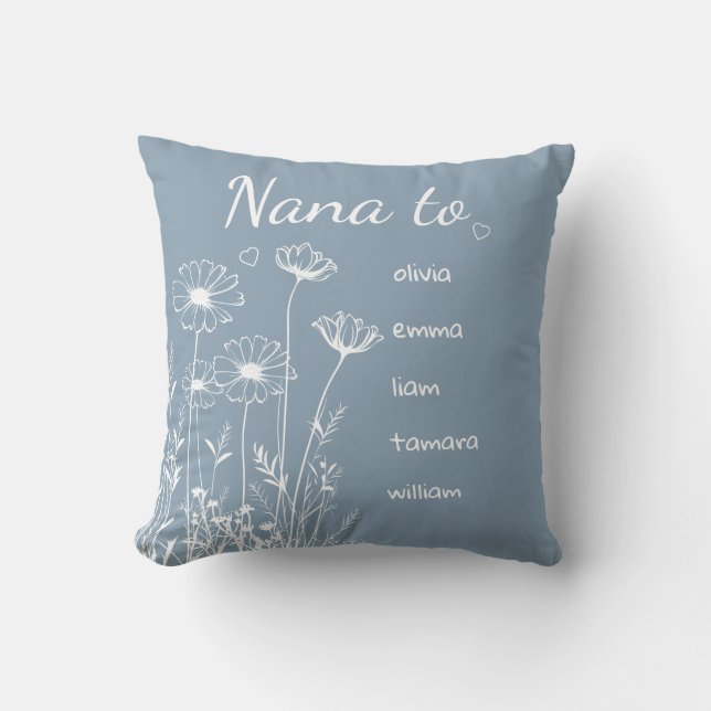 Almofada Dusty Blue Wildflowers Grandchildrens Names Nana (Frente)
