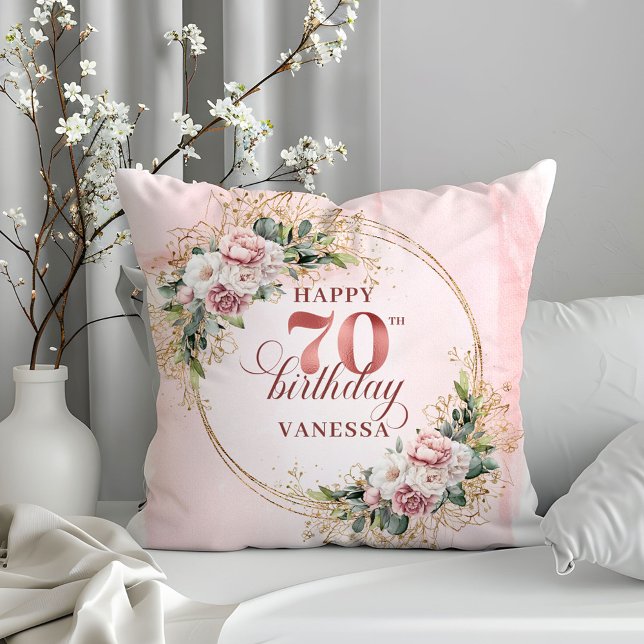 Almofada Dusty Pink Shimmering Floral Pillow 70th Birthday  (Dusty Pink Shimmering Floral Pillow 70th Birthday Pillow)