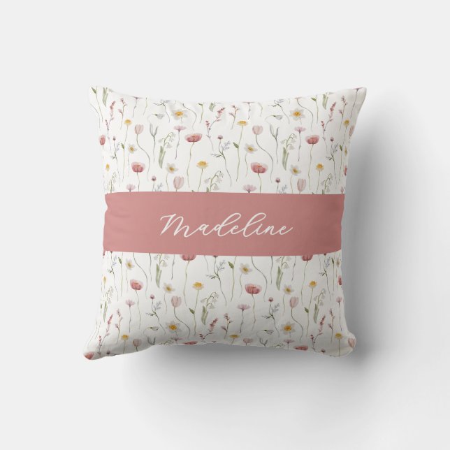 Almofada Dusty Pink Watercolor Wildflower Monogram Name (Verso)
