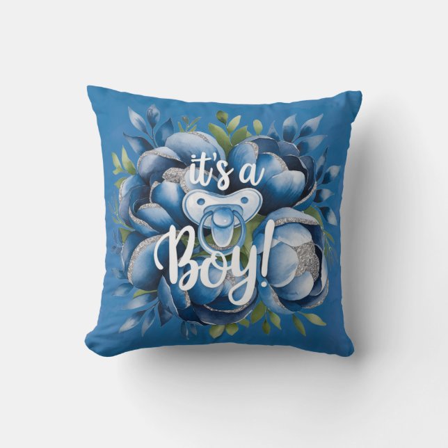 Almofada É um Menino! Chupeta e Peônias Presente de Chá de  (Frente)