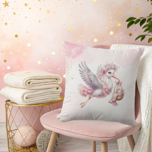 Almofada É uma Menina Stork Rosa Nuvens Chá de Bebê