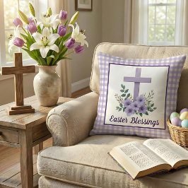 Almofada Easter Blessings Cross with Flowers Purple Gingham
