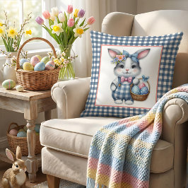 Almofada Easter Bunny with Basket of Eggs on Blue Gingham