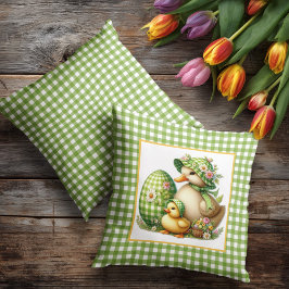 Almofada Easter Ducks Easter Egg & Flowers on Green Gingham