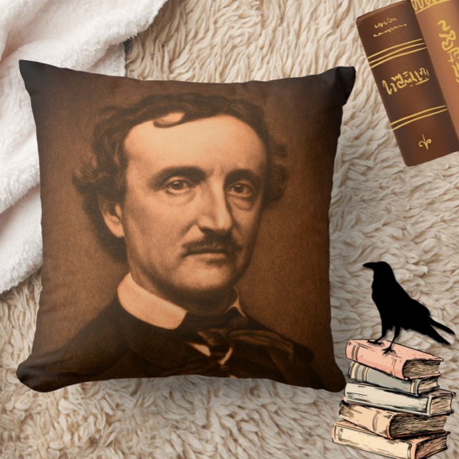 Almofada Edgar Allan Poe Headshot Gótico Moody Spooky (Add spooky gothic charm to your home with this moody Edgar Allan Poe throw pillow!)