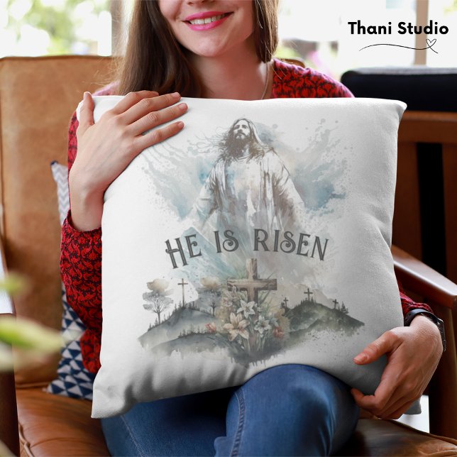 Almofada Ele é Risen Páscoa Religiosa Cruz Cristã (Criador carregado)