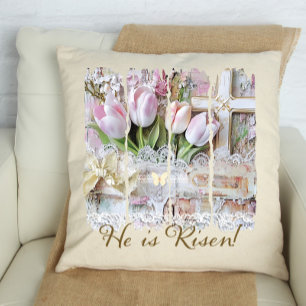 Almofada Ele é Risen Tulip Cross Christian Vintage Mulheres