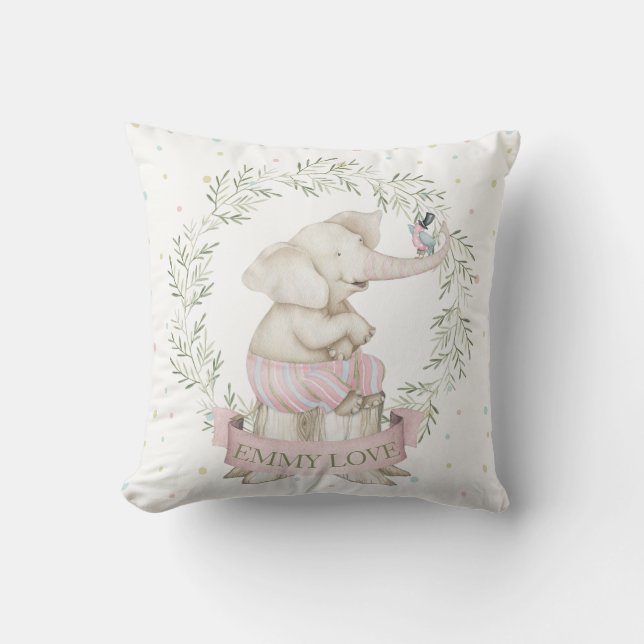 Almofada Elefante Bebê Menina Rosa Verde Bege (Frente)