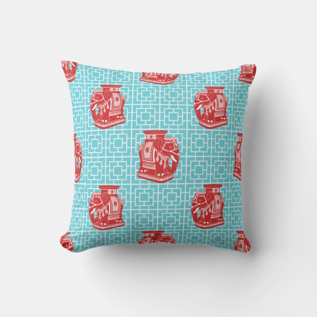 Almofada Elefante Chinoiserie em Bambu - Vermelho e Turques (Frente)