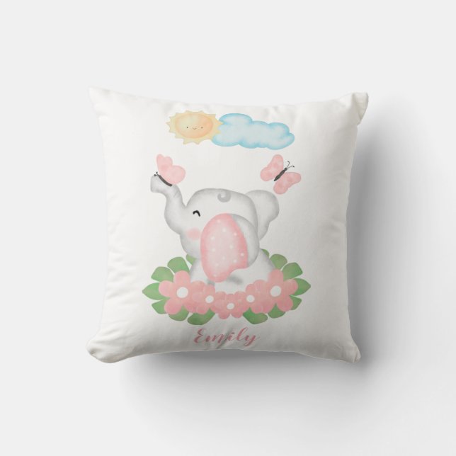 Almofada Elefante de Bebê Bonito com flores rosa (Frente)