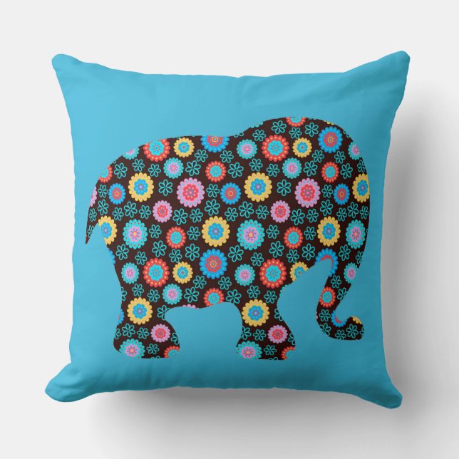 Almofada Elefante de padrão de flores em azul (Frente)