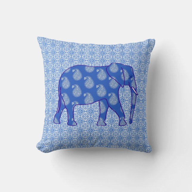 Almofada Elefante de Paisley - azul de cobalto e branco (Frente)