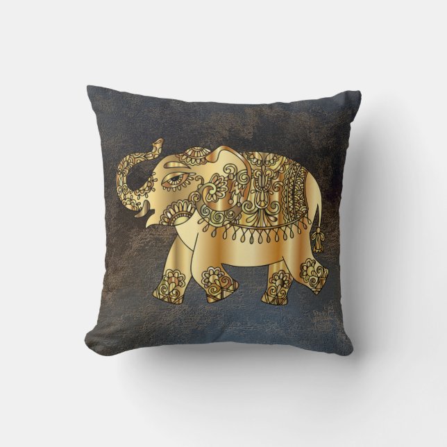 Almofada Elefante Elegante Paisley Dourado, Aparência de Co (Frente)