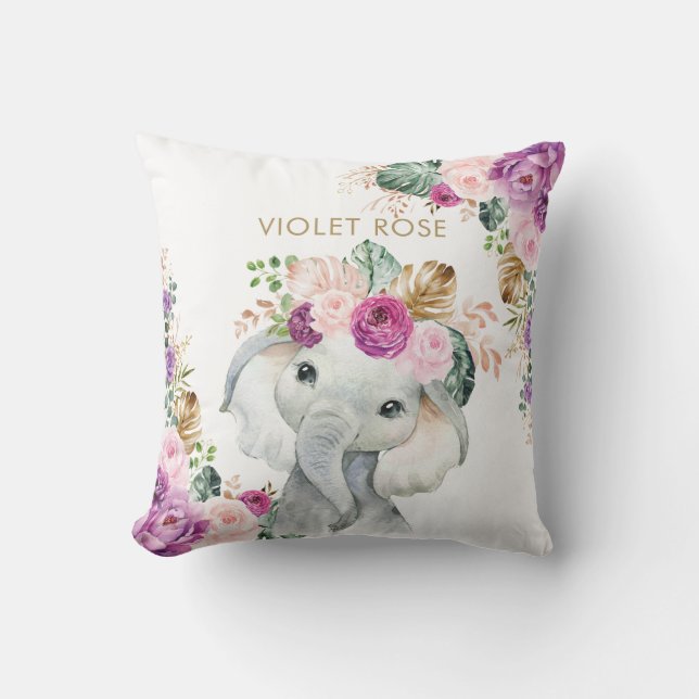 Almofada Elefante Floral Tropical Boho Roxo (Frente)