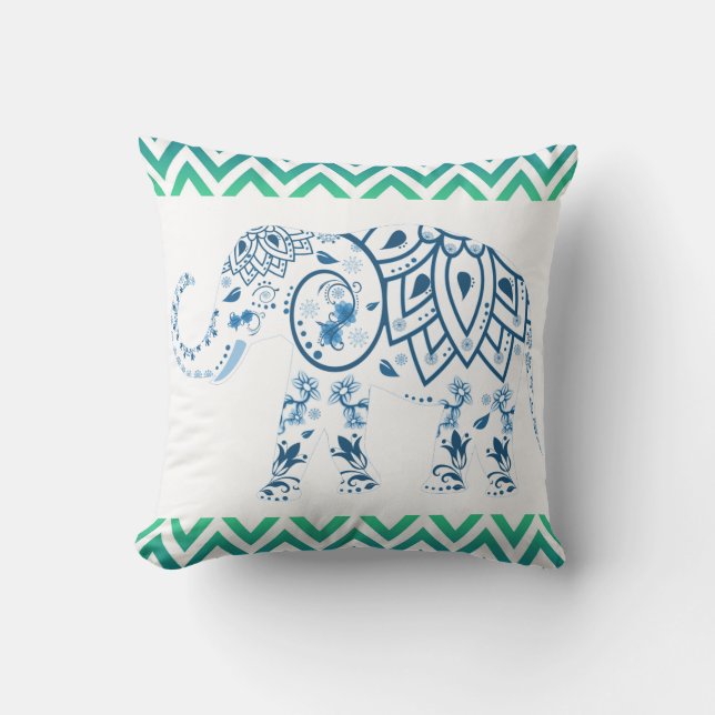 Almofada Elefante Indiano Azul com Design de Chevron Verde  (Frente)