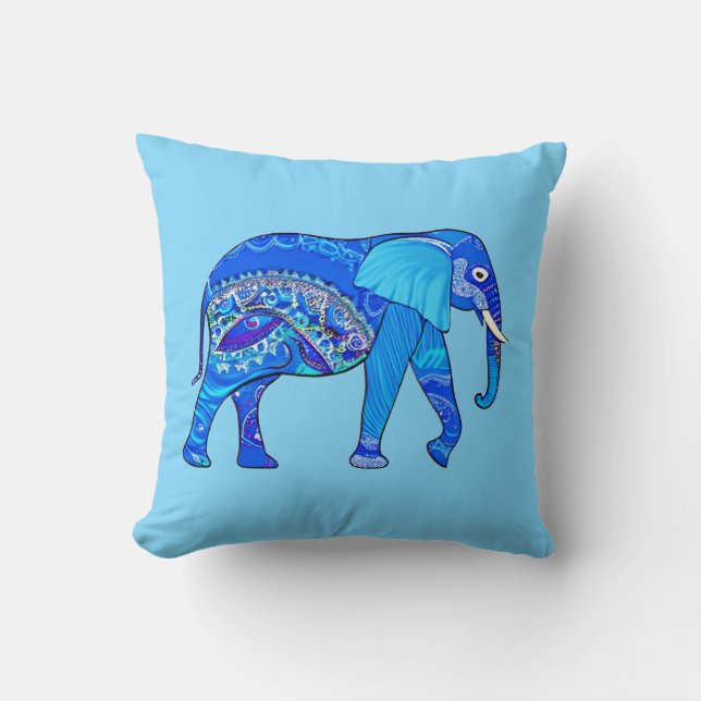 Almofada Elefante Indiano em Padrão Árabe Azul (Frente)